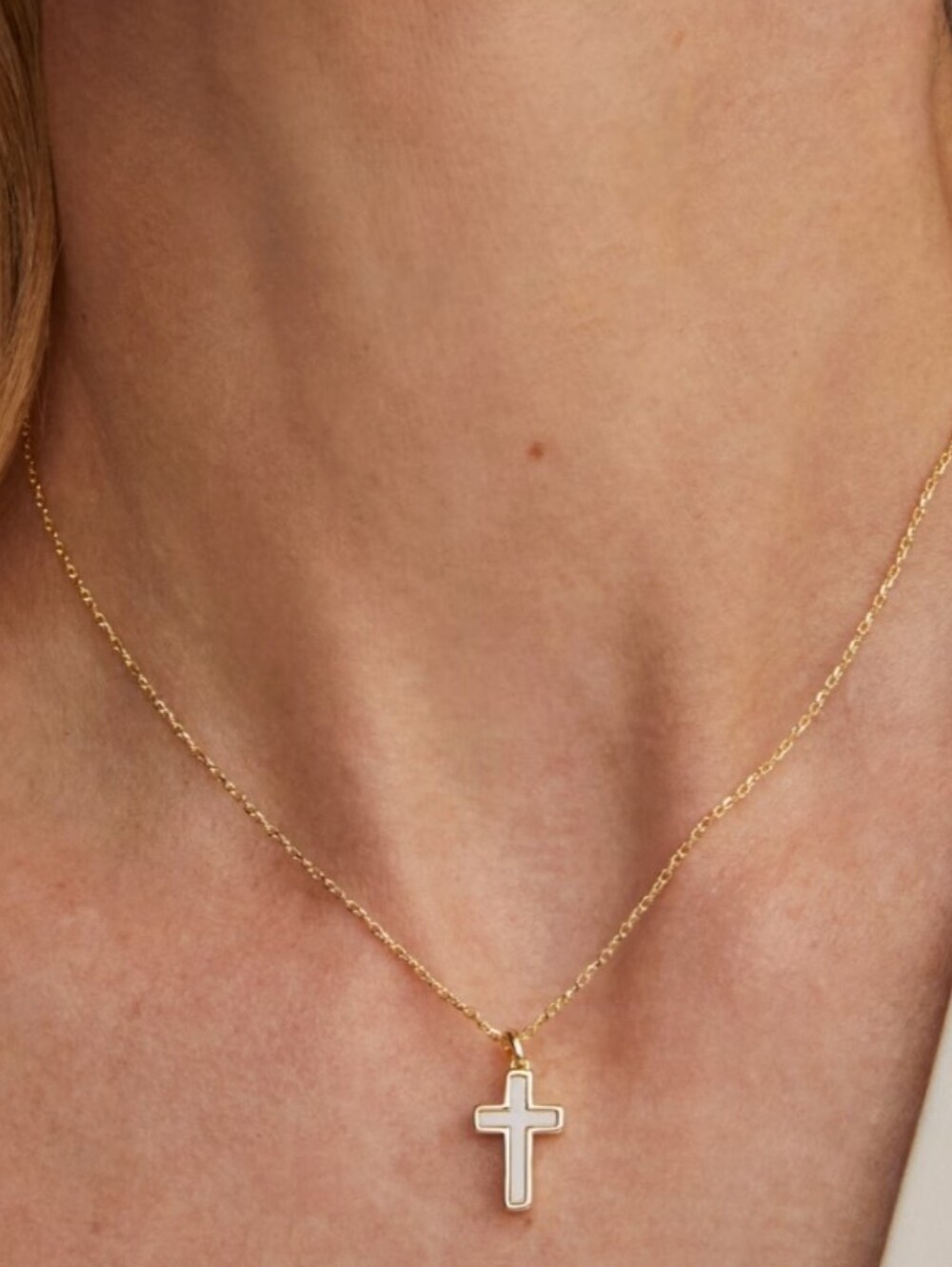Cross Gold Pendant Necklace in White Lab Grown Opal - Picture 3 of 7